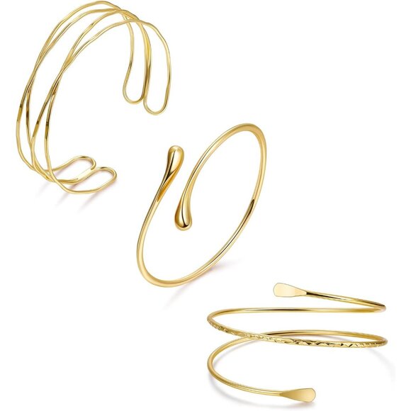 3Pcs Arm Cuff for Women Boho Coil Arm Cuff Bangle Set Adjustable Minimalist Gold - Picture 1 of 6